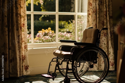 A Serene Wheelchair Placed by a Sunny Window in a Retirement Home with Soft Shadows and Floral Curtains Creating a Peaceful Atmosphere