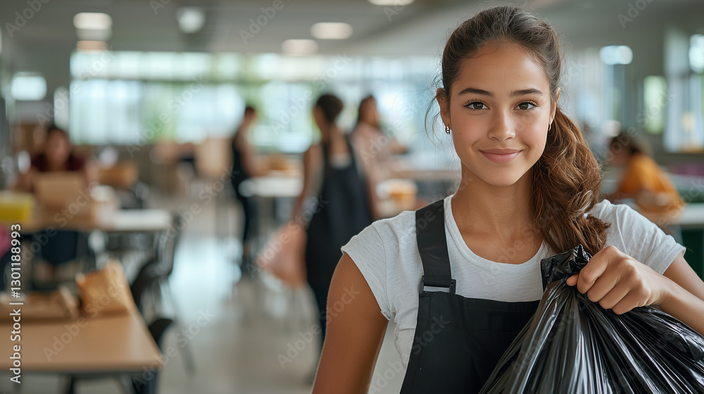 A young woman in an apron cheerfully takes out trash while working in a community service or janitorial role.