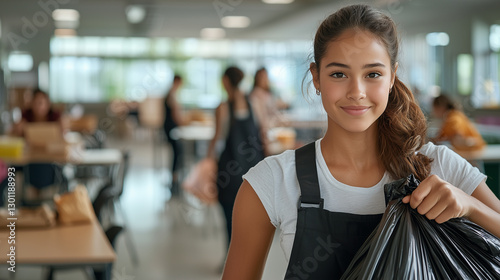 Obraz na płótnie A young woman in an apron cheerfully takes out trash while working in a community service or janitorial role. w salonie