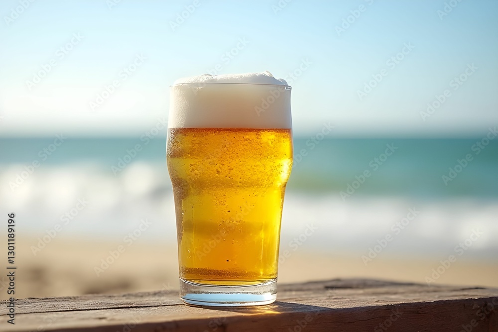A glass of cold beer on wood table with blurred beach background. Beer mug. Refreshment and party concept. Alcohol beverage menu A glass of cold beer on wood table with blurred beach background. Beer mug. Refreshment and party concept. Alcohol beverage menu