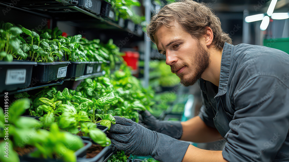 A young man farmer working in a sustainable farm, greenhouse herbs garden, A young man farmer working in a sustainable farm, greenhouse herbs garden,
