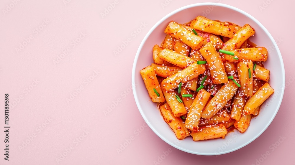 A vibrant bowl of spicy, saucy rice cakes garnished with sesame seeds and green onions, set against a pastel pink background. A vibrant bowl of spicy, saucy rice cakes garnished with sesame seeds and green onions, set against a pastel pink background.