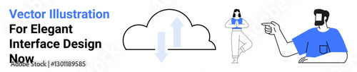 Wallpaper Mural Cloud with arrows indicates data flow, alongside a woman standing on one leg and a man pointing. Ideal for technology, teamwork, collaboration, digital tools, online platforms, communication, flat Torontodigital.ca