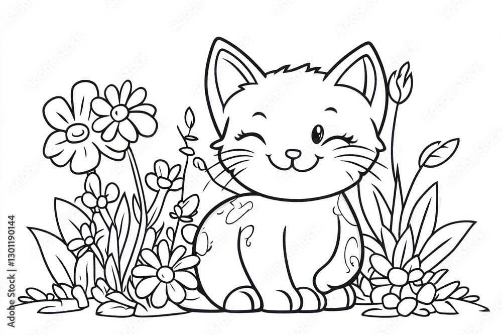 Obraz premium Cute kitten amidst blooming flowers, garden background, coloring page