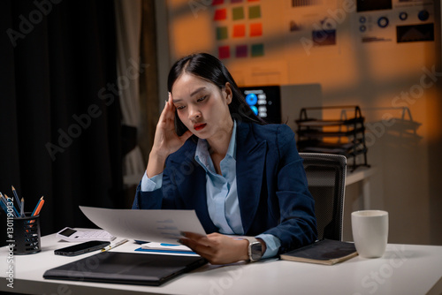 Businesswoman having headache after reading accounting report and working late in office