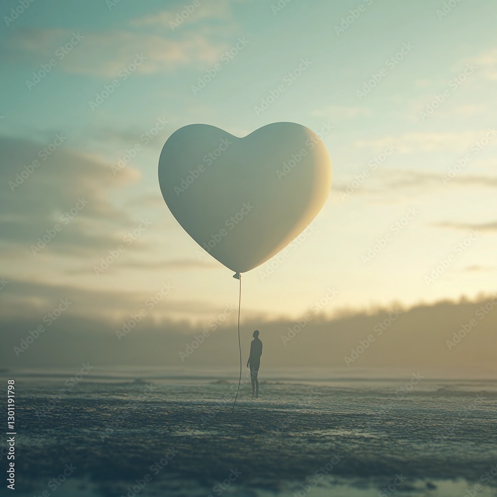 Fototapeta premium Heart-shaped balloon floats in serene landscape at dusk, person stands and gazes in awe of the picturesque view