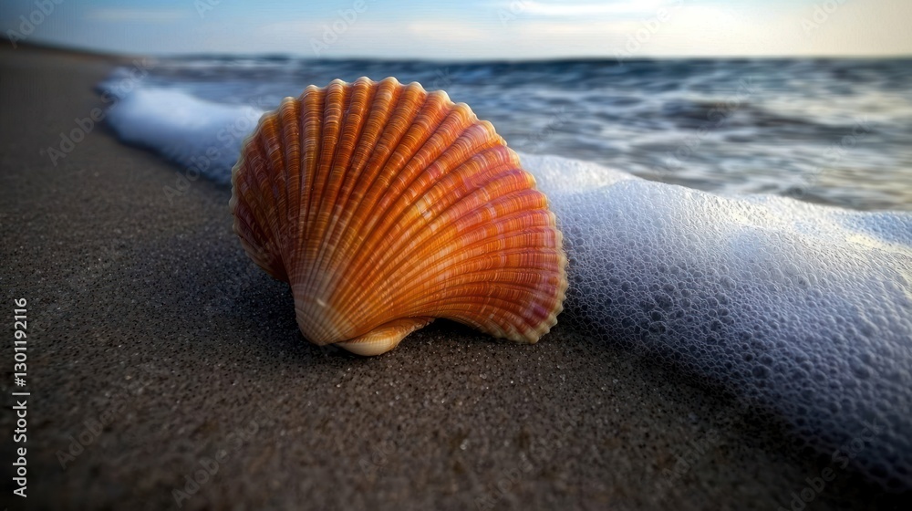 Seashell on beach at sunrise with foamy waves Seashell on beach at sunrise with foamy waves
