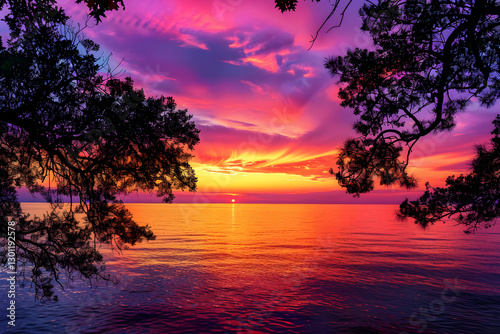 Serene Sunset: A Captivating Display of Nature's Palette with Silhouetted Trees and Reflective Waters