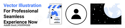 Small business storefront design with a person working, user profile icon, and globe with a night sky. Ideal for e-commerce, profile setup, business apps, global services, connectivity, marketing