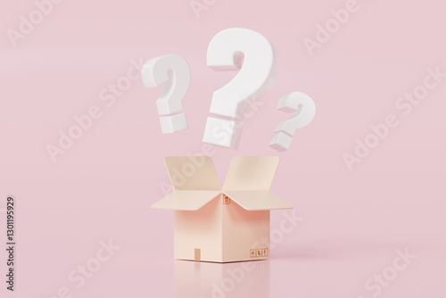 3d Mystery box, Delivery box or Cardboard box with question mark FAQ icon symbol on isolated orange background. Ecommerce online shopping delivery concept. Minimal Cartoon design icon. 3d rendering. photo