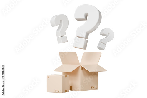 3d Mystery box, Delivery box or Cardboard box with question mark FAQ icon symbol on isolated orange background. Ecommerce online shopping delivery concept. Minimal Cartoon design icon. 3d rendering.