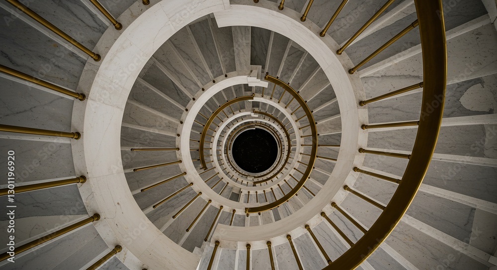 Obraz premium Dramatic Spiral Staircase from Above - Elegant Stone Steps with Golden Railing in Circular Design, Architectural Perspective.