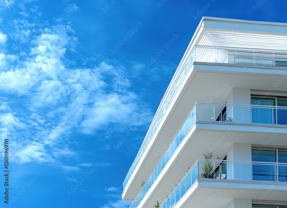 Modern white apartment building with balconies against a blue sky with clouds. Modern white apartment building with balconies against a blue sky with clouds.