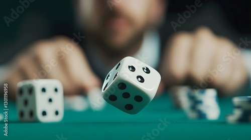 Action shot of dice rolling at a game table. A thrower's hands in the background. Good luck and fortune. The thrill and drama of a game about to be won or lost.