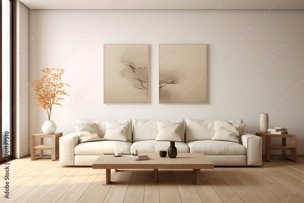 Fototapeta premium Modern interior design living room with sofa and blank poster frame. living room with picture frame mock up. 