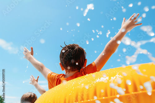 A child with arms raised, enjoying a thrilling ride on a bright orange inflatable tube at a water park, with splashes of water and a clear blue sky in the background.