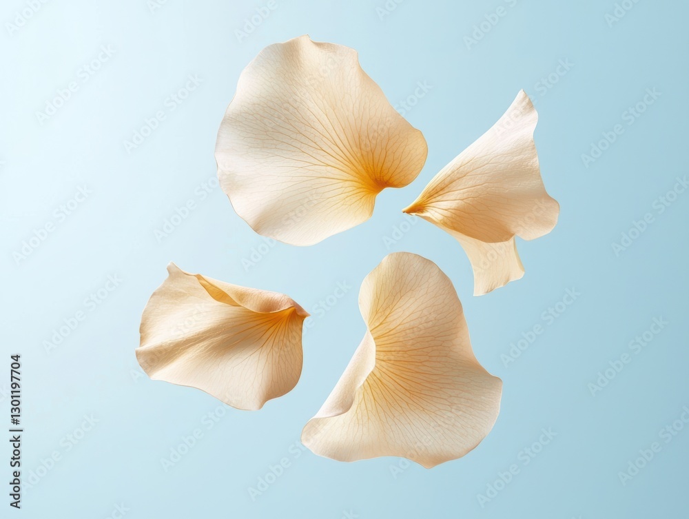 Delicate floating golden floral petals softly glowing over a muted sky-blue gradient Delicate floating golden floral petals softly glowing over a muted sky-blue gradient