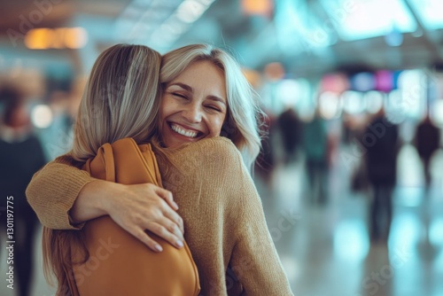 Emotional Reunion Between Mother and Daughter at the Airport, Captured in Natural Daylight, Surrounded by Blurred Background of Travelers