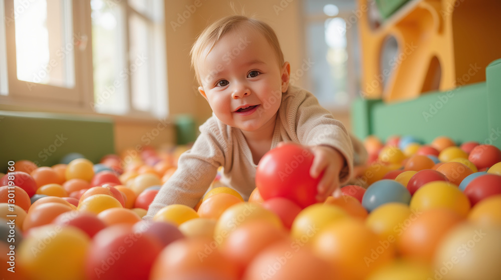 Obraz premium happy baby playing in colorful ball pit, surrounded by vibrant balls