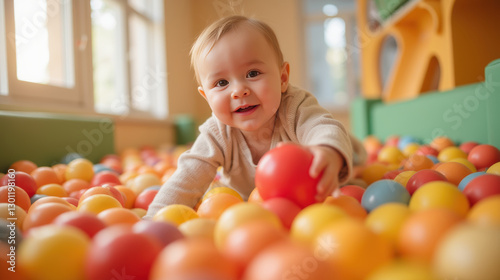 happy baby playing in colorful ball pit, surrounded by vibrant balls