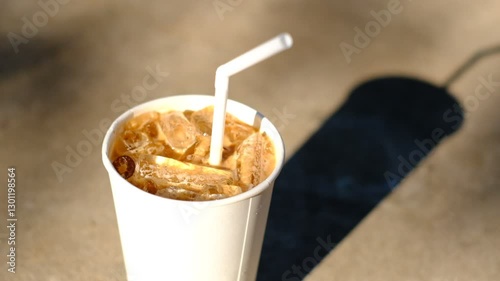 A cup of coffee with a straw in it. The cup is white and the straw is white