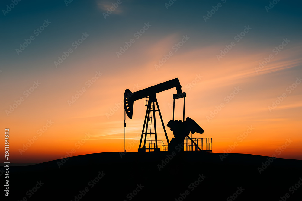 Naklejka premium Silhouette of an oil pump jack against a vibrant sunset backdrop. Capturing the essence of energy production at twilight.