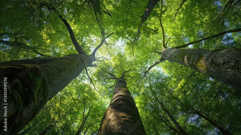 Fototapeta premium A canopy of towering trees seen from below, with multiple exposure blending soft hues of green and gold.