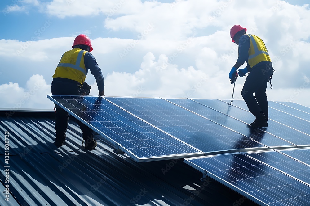 custom made wallpaper toronto digitalTwo electricians in safety gear installing solar panels on a tiled rooftop under a cloudy sky.