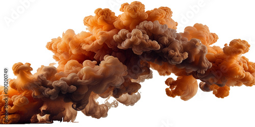 Vector abstract orange cloud smoke powder explosion isolated on transparent wide panorama background.	
