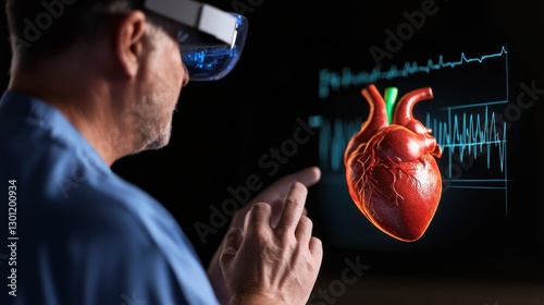 Doctor examines 3D heart model using VR glasses in medical lab