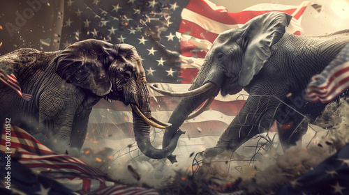 Intra-party conflict in the Republican Party. elephants symbolize Republicans against the background of the U.S. flag photo