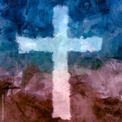 light cross on blue and red brown painted canvas texture