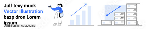 Woman holding clipboard inspects data trends on bar chart and stacked boxes symbolizing inventory and logistics. Ideal for analytics, management, business growth, logistics, inventory, data-driven