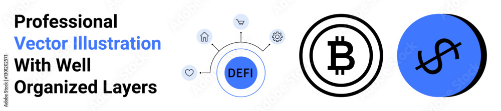 Circular DEFI element with connected icons, Bitcoin and dollar symbols. Ideal for fintech, blockchain, cryptocurrency, financial technology, digital economy, investments, flat landing page banner Circular DEFI element with connected icons, Bitcoin and dollar symbols. Ideal for fintech, blockchain, cryptocurrency, financial technology, digital economy, investments, flat landing page banner