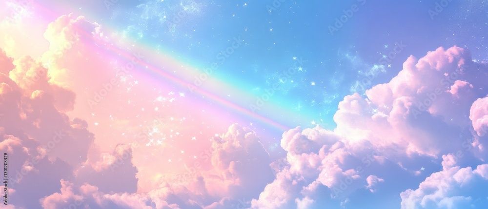 Holographic fantasy rainbow background with clouds and stars. Pastel color sky. Magical landscape, abstract fabulous pattern. Cute candy wallpaper Holographic fantasy rainbow background with clouds and stars. Pastel color sky. Magical landscape, abstract fabulous pattern. Cute candy wallpaper