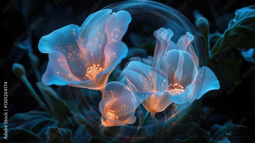 Ethereal wildflowers swaying in twilight, captured with multiple exposure blending, glowing bioluminescent hues, framed in a spiral composition Ethereal wildflowers swaying in twilight, captured with multiple exposure blending, glowing bioluminescent hues, framed in a spiral composition