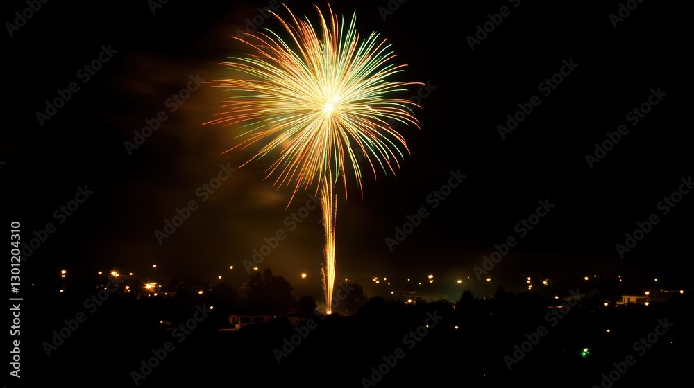 Fireworks Exploding at Night Over City Lights Celebrating Special Occasion Fireworks Exploding at Night Over City Lights Celebrating Special Occasion