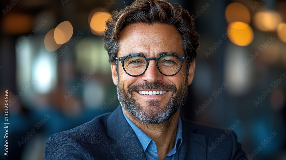 A smiling bearded man in glasses and a business suit exudes confidence and approachability against a blue background. A smiling bearded man in glasses and a business suit exudes confidence and approachability against a blue background.