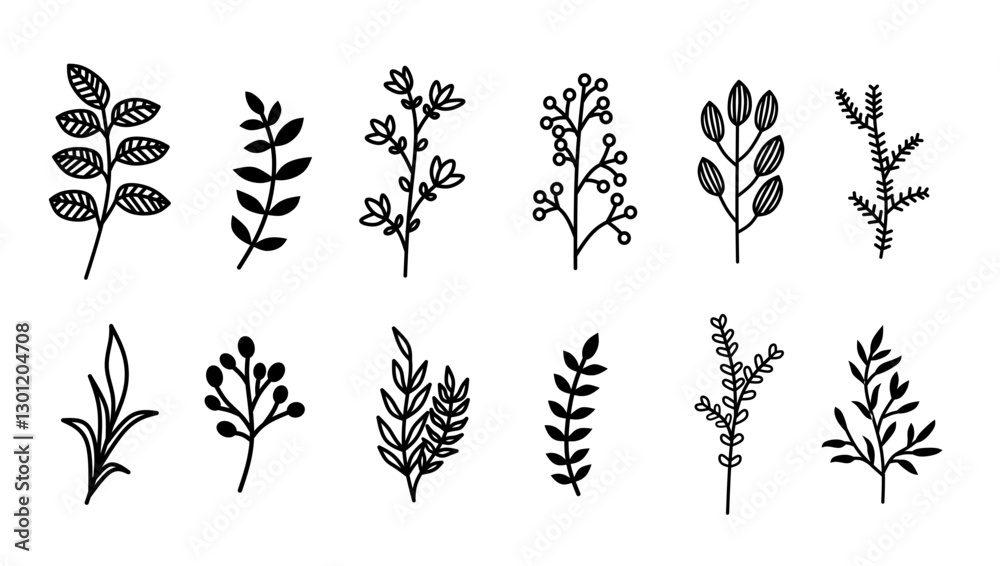 Fototapeta premium A collection of ten hand-drawn botanical illustrations featuring various leaf and branch designs.