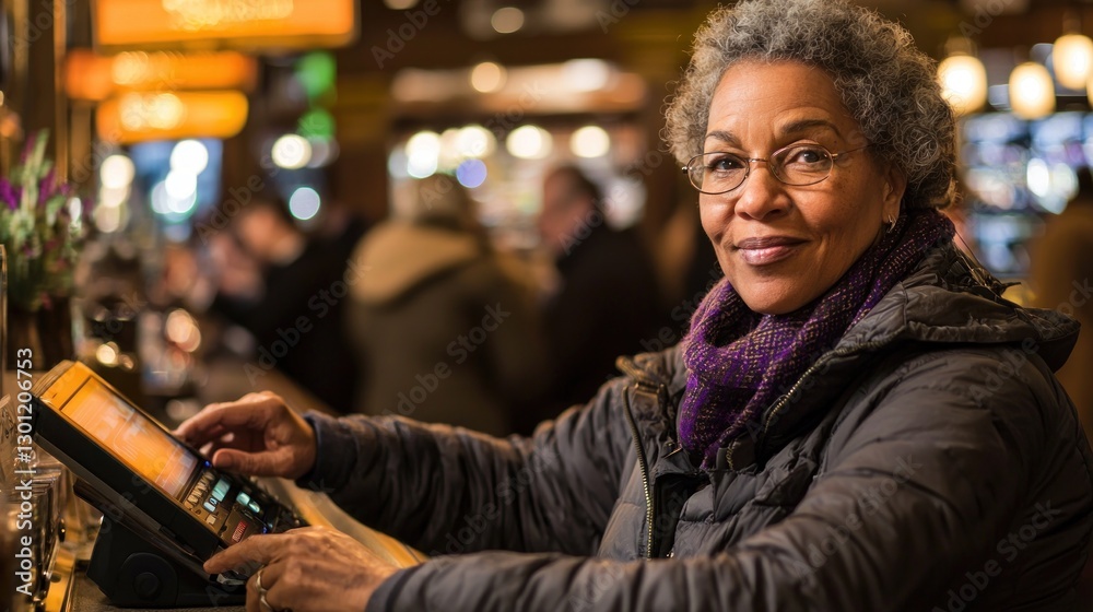 Senior woman using point-of-sale system in busy cafe Senior woman using point-of-sale system in busy cafe