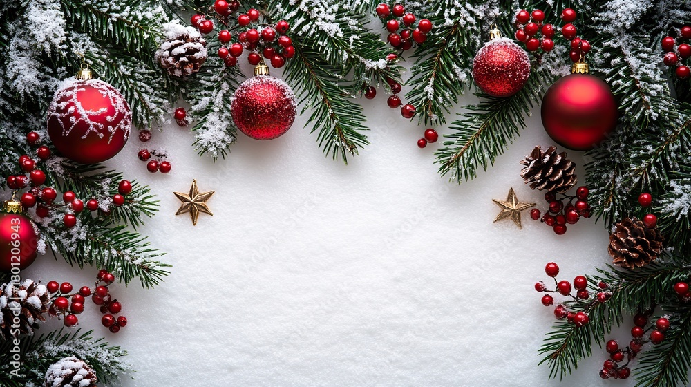 A snow covered pine branch adorned with baubles, a star, and mistletoe berries rests on a white background. A snow covered pine branch adorned with baubles, a star, and mistletoe berries rests on a white background.