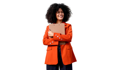 Smiling afro businesswoman holding clipboard on transparent background