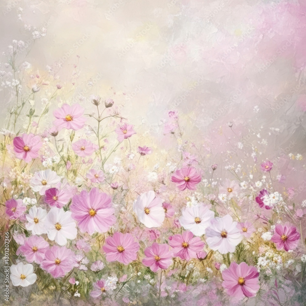 Cosmos Flowers Painting with Pink and White Petals Floral Arrangement Cosmos Flowers Painting with Pink and White Petals Floral Arrangement