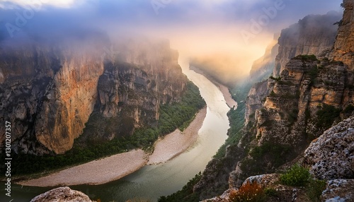 Fog is covering the congost de mont rebei canyon at sunrise photo