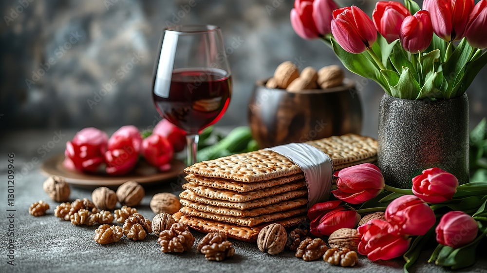 A sophisticated Passover theme arrangement from a top view, with matzah wrapped in ribbon, red wine, walnuts, a yarmulke, and tulips set against a grey concrete background. Text space is available. A sophisticated Passover theme arrangement from a top view, with matzah wrapped in ribbon, red wine, walnuts, a yarmulke, and tulips set against a grey concrete background. Text space is available.