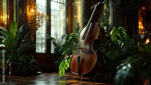 Ornate Cello in Luxurious Room with Lush Plants