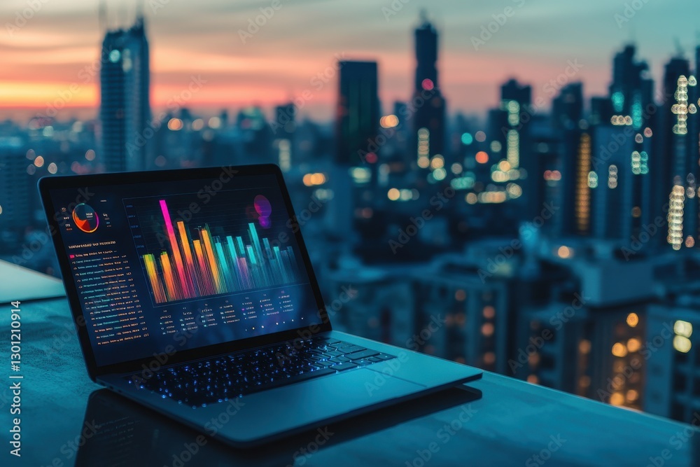 Fototapeta premium Premium Business Laptop Displaying Colorful Bar Graph Against Panoramic City Skyline View from High Rise Office at Sunset