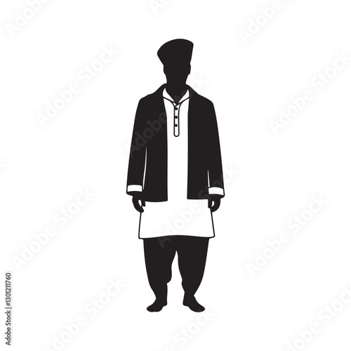 Black and white illustration, Sikh man, traditional attire, sherwani, turban