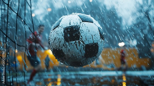 Close up of a soccer ball in the center of the stadium in the rain