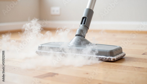Steam mop cleaning laminate floor with subtle mist, enhanced cleanliness